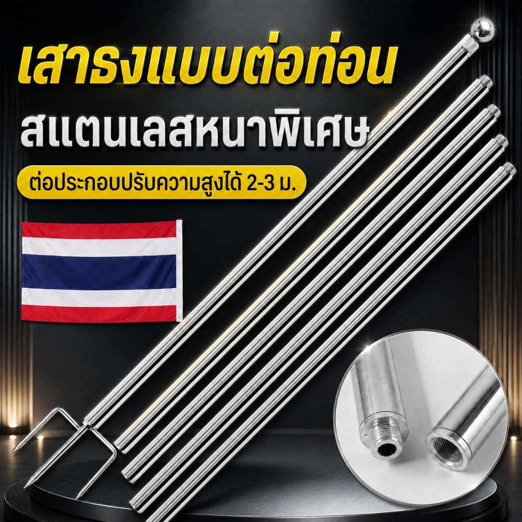 เสาธงสแตนเลส แบบต่อท่อน 2-3 เมตร เสาธงปักดิน พร้อมขาเสียบดิน 3 แฉก ประกอบง่าย ใช้งานกลางแจ้ง