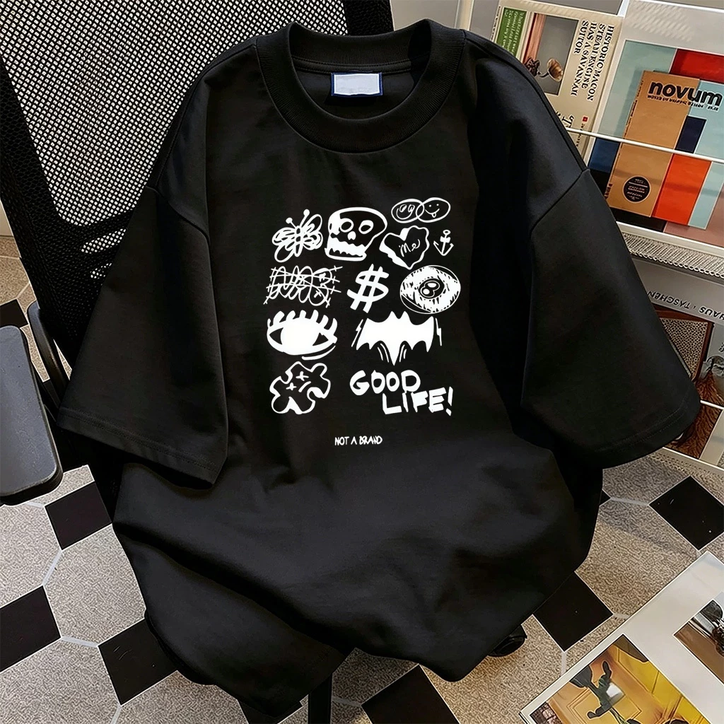CODเสื้อโซโลน่า oversize สไตล์เกาหลี ผู้หญิง พิมพ์ลายกราฟฟิตี้หัวโครงรูปต่างๆ ข้อความภาษาอังกฤษ แขนสั้น ทรงกว้าง ใส่สบาย