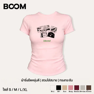เสื้อเบบี้ที baby tee Y2K สไตล์เกาหลี ผู้หญิง พิมพ์ลายแผ่นเสียงอัลบั้มข้อความภาษาอังกฤษ แขนสั้น ทรงกระชับ แสดงรูปร่าง