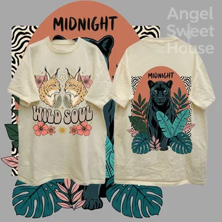 (COD) Angle Official เสื้อยืดผู้หญิงแขนสั้น ลายสัตว์ป่าและดอกไม้ MIDNIGHT WILD SOUL ทรงหลวม ผ้านุ่ม สไตล์วินเทจโบฮีเมียน