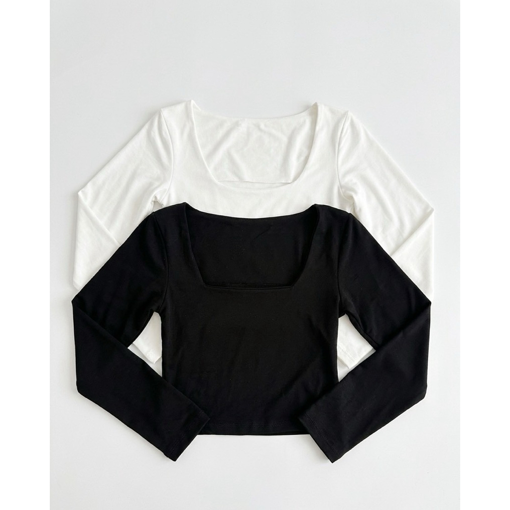 HANABRAND: Nifty Top: นิฟตี้  เสื้อครอปแขนยาว คอเหลี่ยม ผ้ายูนิโคล