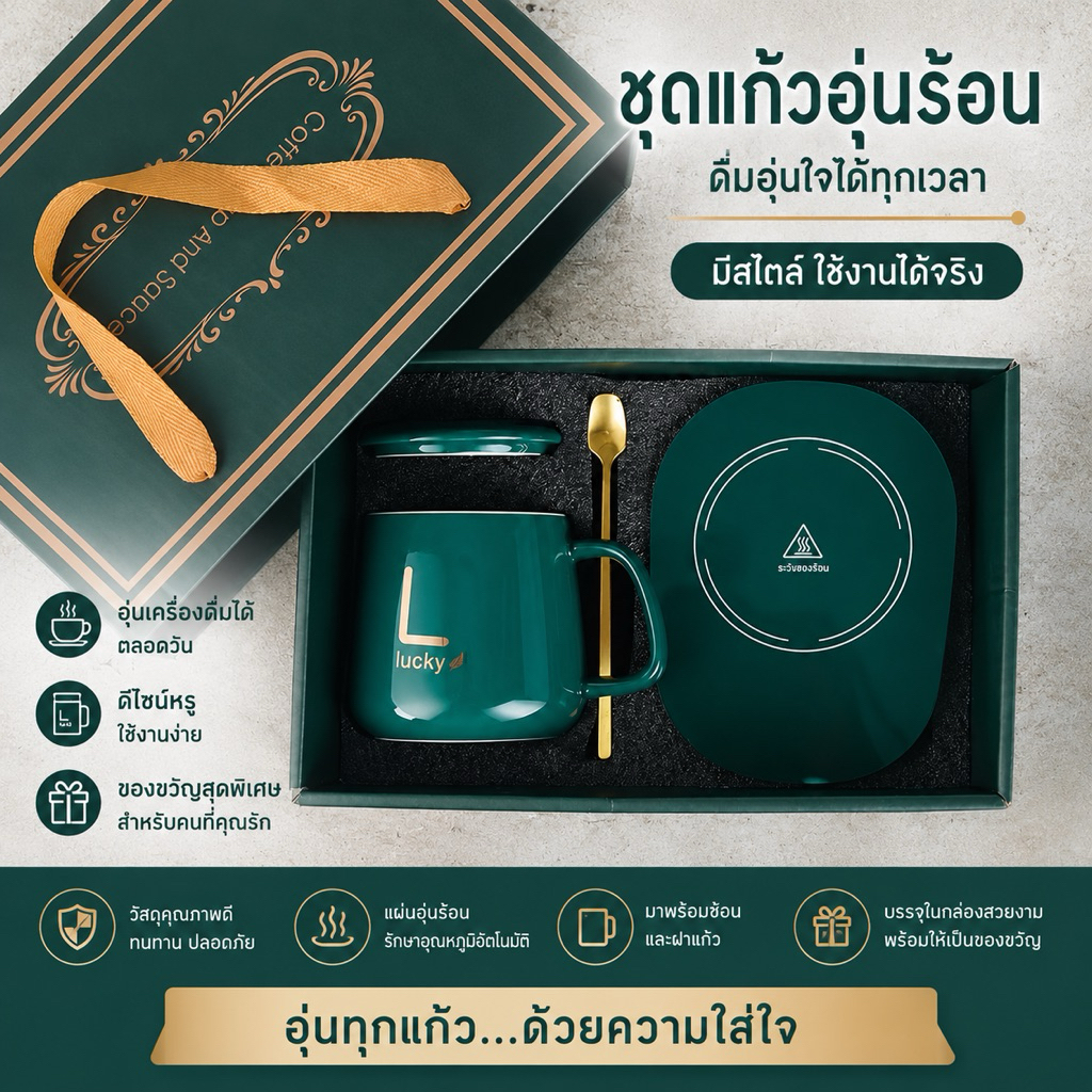 สินค้าพร้อมส่งจากไทย/เครื่องอุ่นแก้ว แก้วเซรามิคพร้อมกล่องของขวัญที่มีฝาปิดช้อนกาแฟ