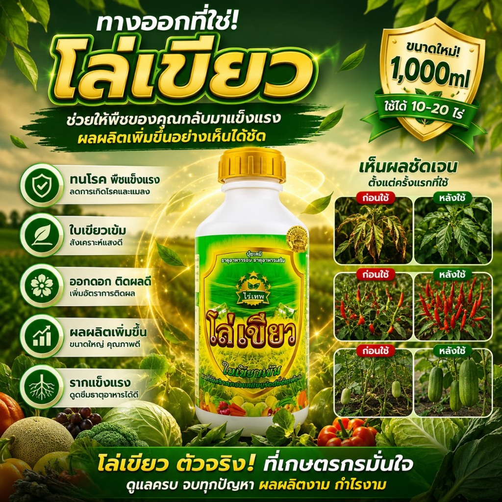 ไร่เทพ โล่เขียว [1ลิตร] ใบเขียวเข้ม ใบมันเงา ทนโรค ทนแล้ง ปุ๋ยน้ำใช้ฉีดพ่นทางใบ