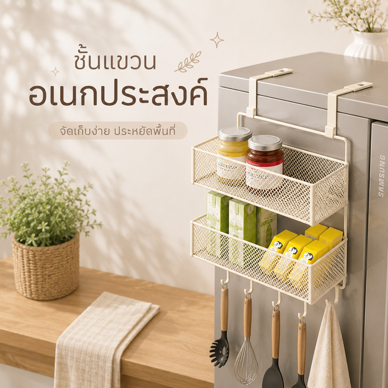 ตะแกรงแขวนข้างตู้เย็น ชั้นวางของแม่เหล็กติดตู้เย็น 3 ชั้น ประหยัดพื้นที่ เก็บของในครัว สไตล์มินิมอล แข็งแรง ไม่ต้องเจาะ