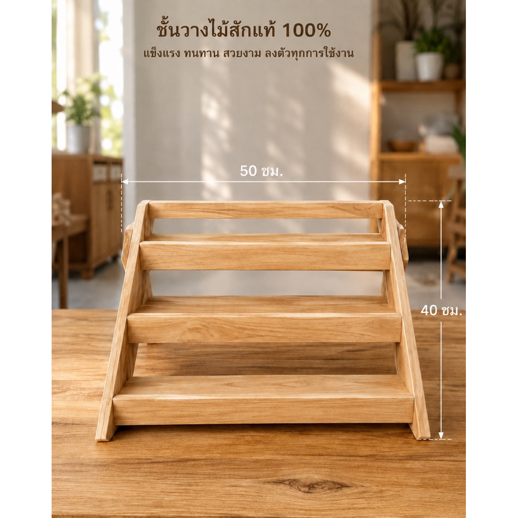ชั้นวางของไม้สักสามารถพับเก็บขาได้ วางท็อปปิ้งแซนด์วิชขวดน้ำหวานหรือสินค้าสำหรับขาย