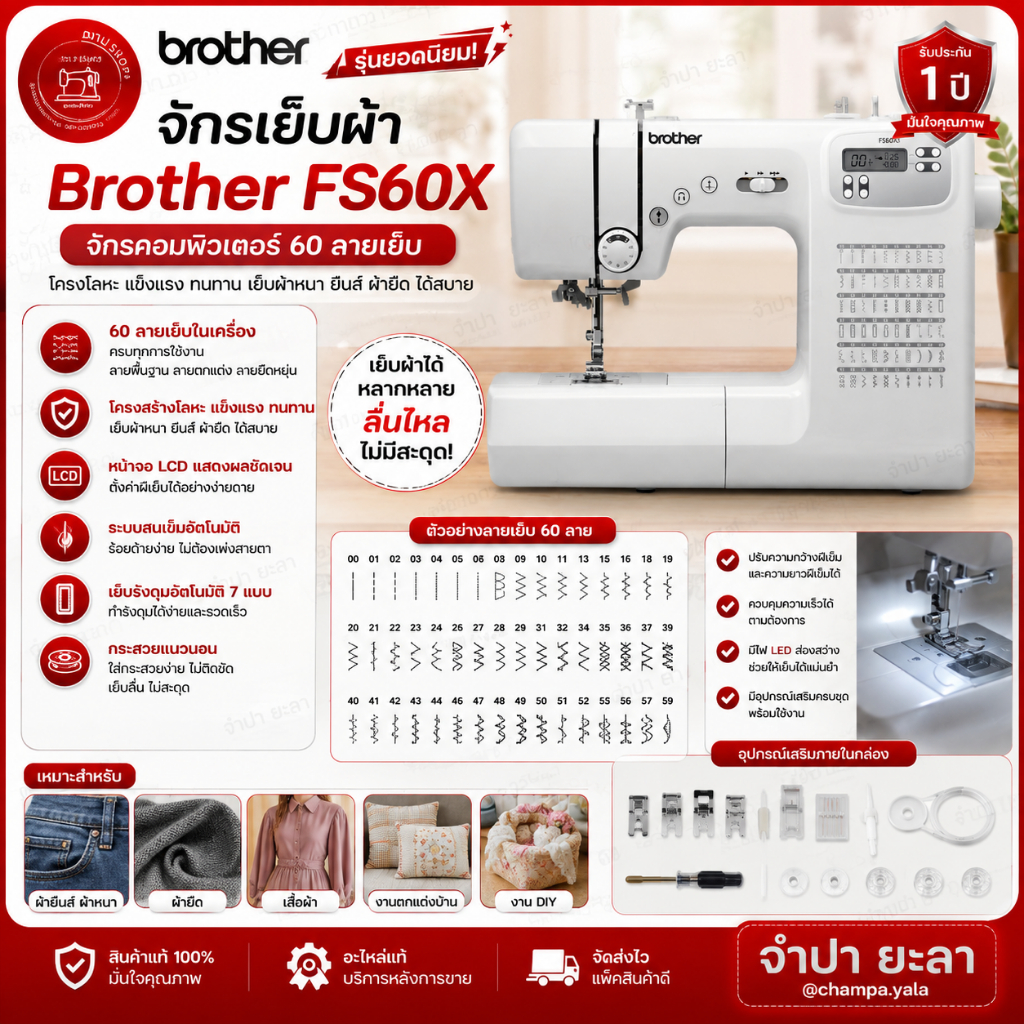 จักรเย็บผ้า Brother FS60X จักรคอมพิวเตอร์ โครงโลหะ แข็งแรง เย็บผ้าหนา ยีนส์ ผ้ายืด ได้ 60 ลาย
