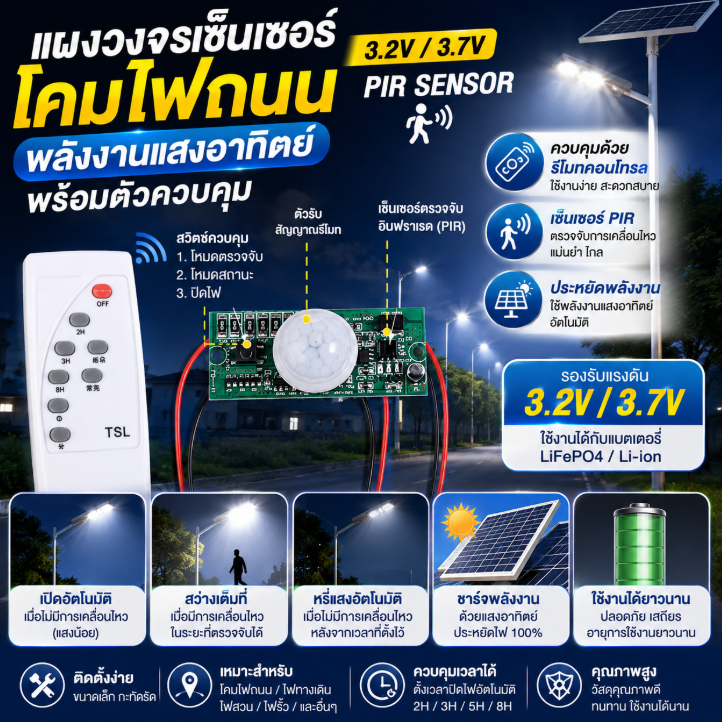แผงวงจรเซ็นเซอร์โคมไฟถนนพลังงานแสงอาทิตย์พร้อมตัวควบคุม CG 3.2V 3.7V PIR รีโมทคอนโทรล