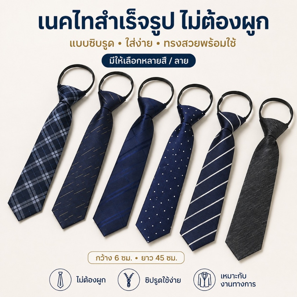 เนคไทด์ธุรกิจสำเร็จรูป ไม่ต้องผูกแบบซิบรูด เนคไทด์ทำงานพรีเมี่ยมขนาด 6 ซม LAZY ZIPPER NECKTIE for men