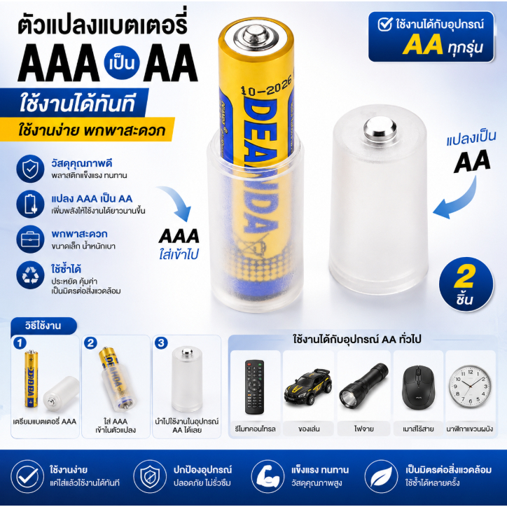 ตัวแปลงแบตเตอรี่ CG AAA เป็น AA ขนาดเซลล์ที่ใส่แบตเตอรี่แบบพกพาสำหรับกล่องเก็บแบตเตอรี่