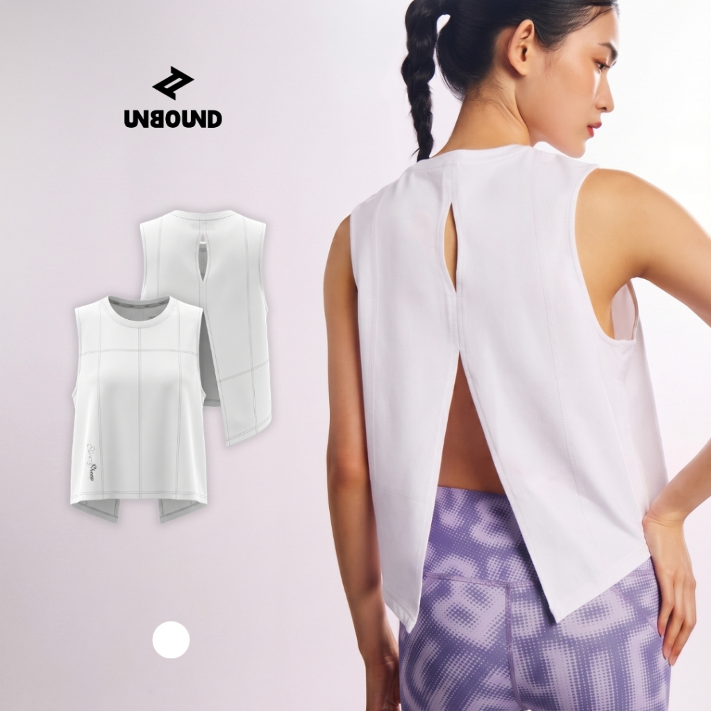 UNBOUND SILVER ACCENT TANK TOP เสื้อกล้ามสีขาว คอกลม ผ่าหลัง