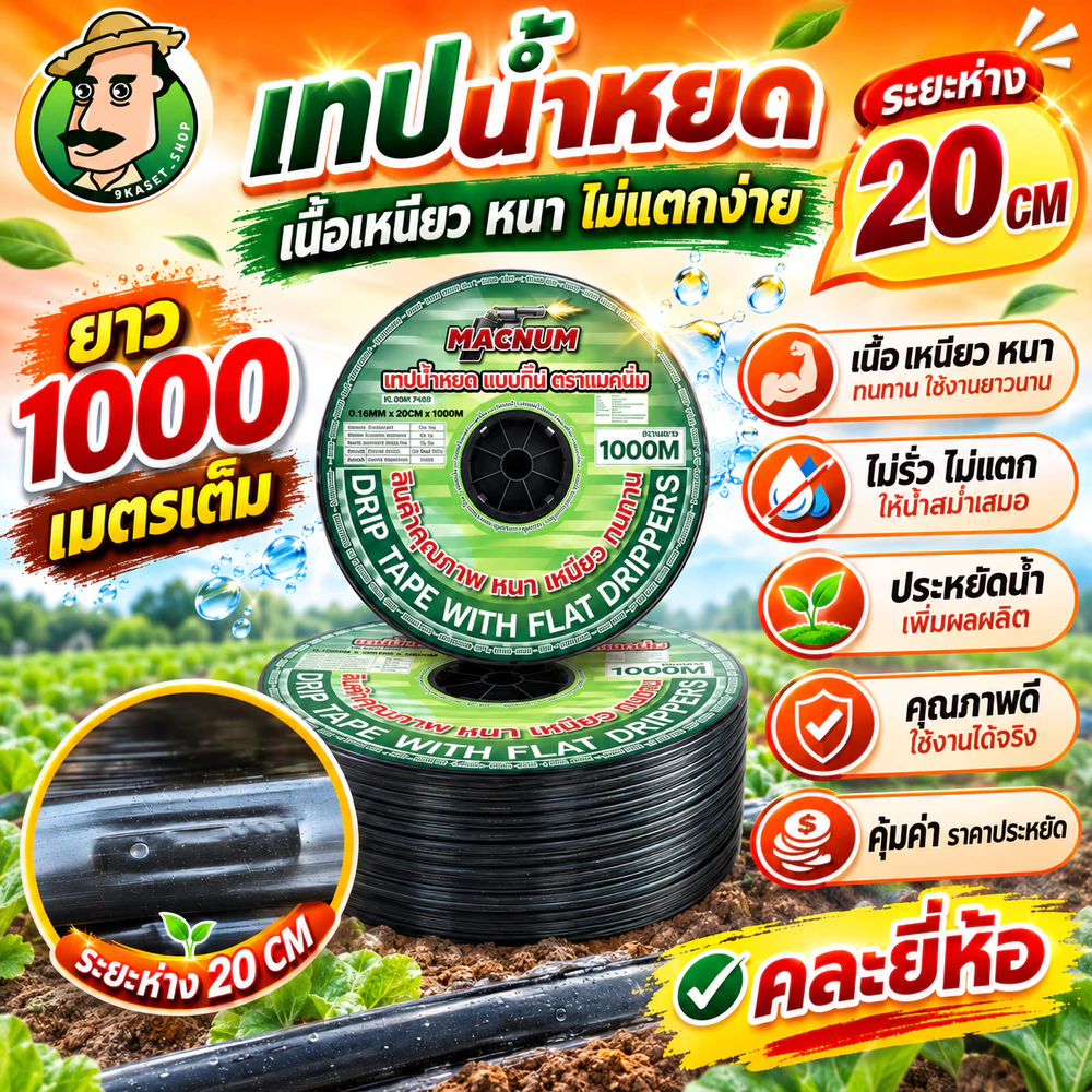 เทปน้ำหยด 20 เซน 1 รู หนา 0.16 มิล ยาว 1000 เมตรเต็ม สายน้ำหยด เนื้อหนา เหนียว ทน