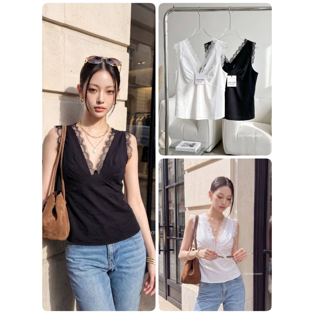 #Cotton Candy🍬🍭*** ***เสื้อแขนกุดคอวีแต่งลูกไม้ New Doremi korea top