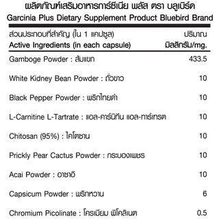 การ์ซีเนีย พลัส Garcinia Plus (ผลส้มแขก) ตรา บลูเบิร์ด ขนาด 600 มิลลิกรัม 60 แคปซูล
