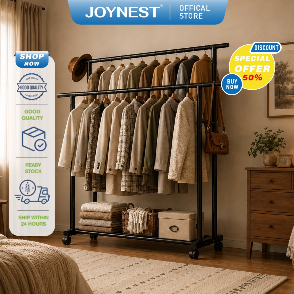 JOYNEST ราวแขวนผ้าไนลอนแบบสองก้าน สแตนเลสสตีล ขนาด 150CM เคลื่อนย้ายได้ อเนกประสงค์