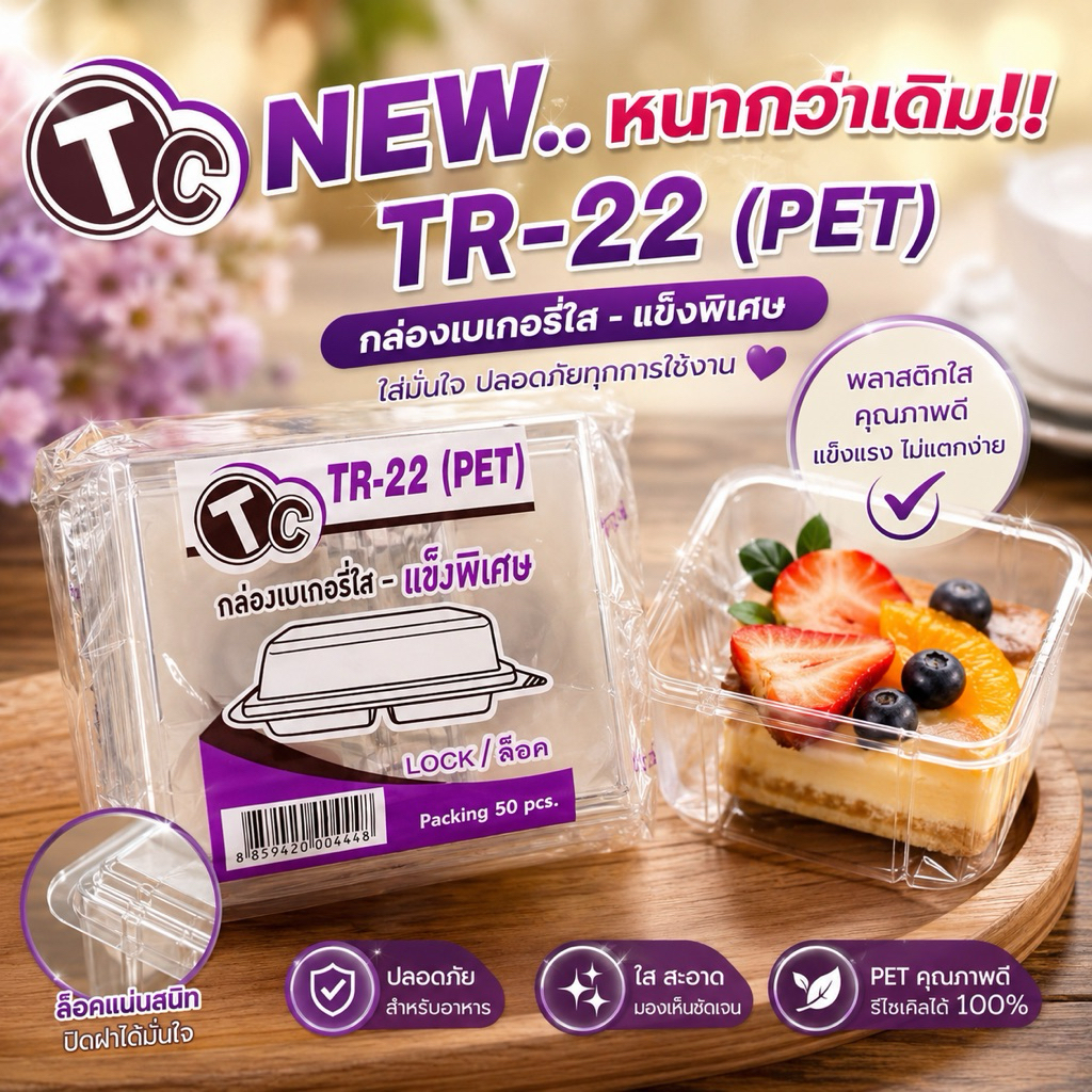 กล่องเบเกอรี่2ช่องใส ล๊อคได้ (50ใบ/แพค) TR-22