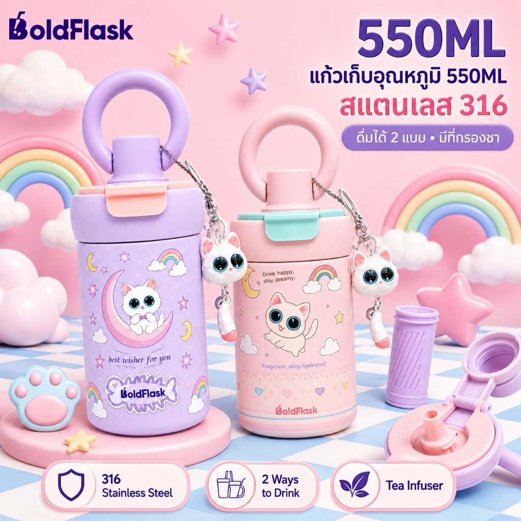 【BoldFlask】แก้วเก็บอุณหภูมิ 550ML สแตนเลส 316 ดื่มได้ 2 แบบ พร้อมหลอด ที่กรองชา หูหิ้ว ลายแมวน่ารัก เก็บร้อน-เย็น