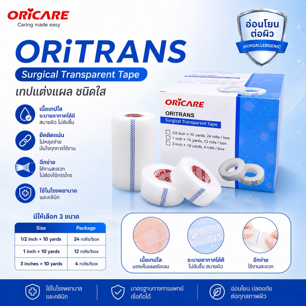 เทปแต่งแผล ชนิดใส ORiTRANS ออริทรานส์ อ่อนโยนต่อผิว 1/2นิ้ว 1นิ้ว และ 3นิ้ว (ยกกล่อง)