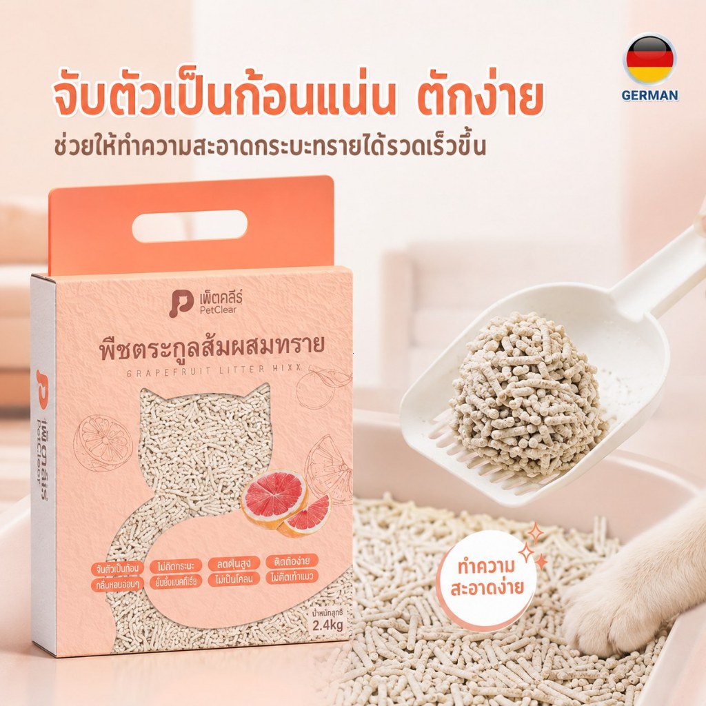 ทรายแมว PetClear 2.4 กก. สูตรผสมจากพืช กลิ่นเกรปฟรุต สำหรับแมวทุกสายพันธุ์