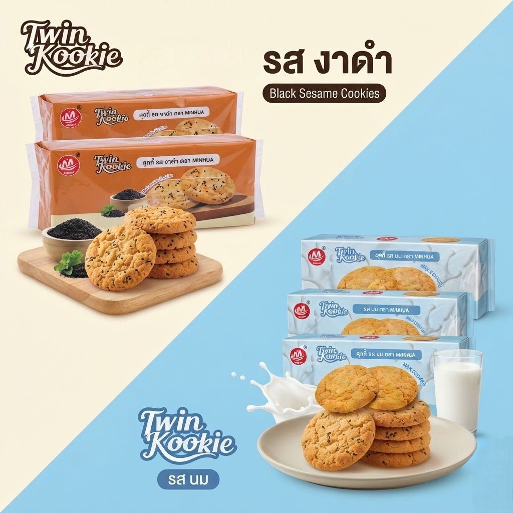 คุกกี้ Twin Kookie รสนม และ รสงาดำ ตรา MINHUA (เลือกรสได้)