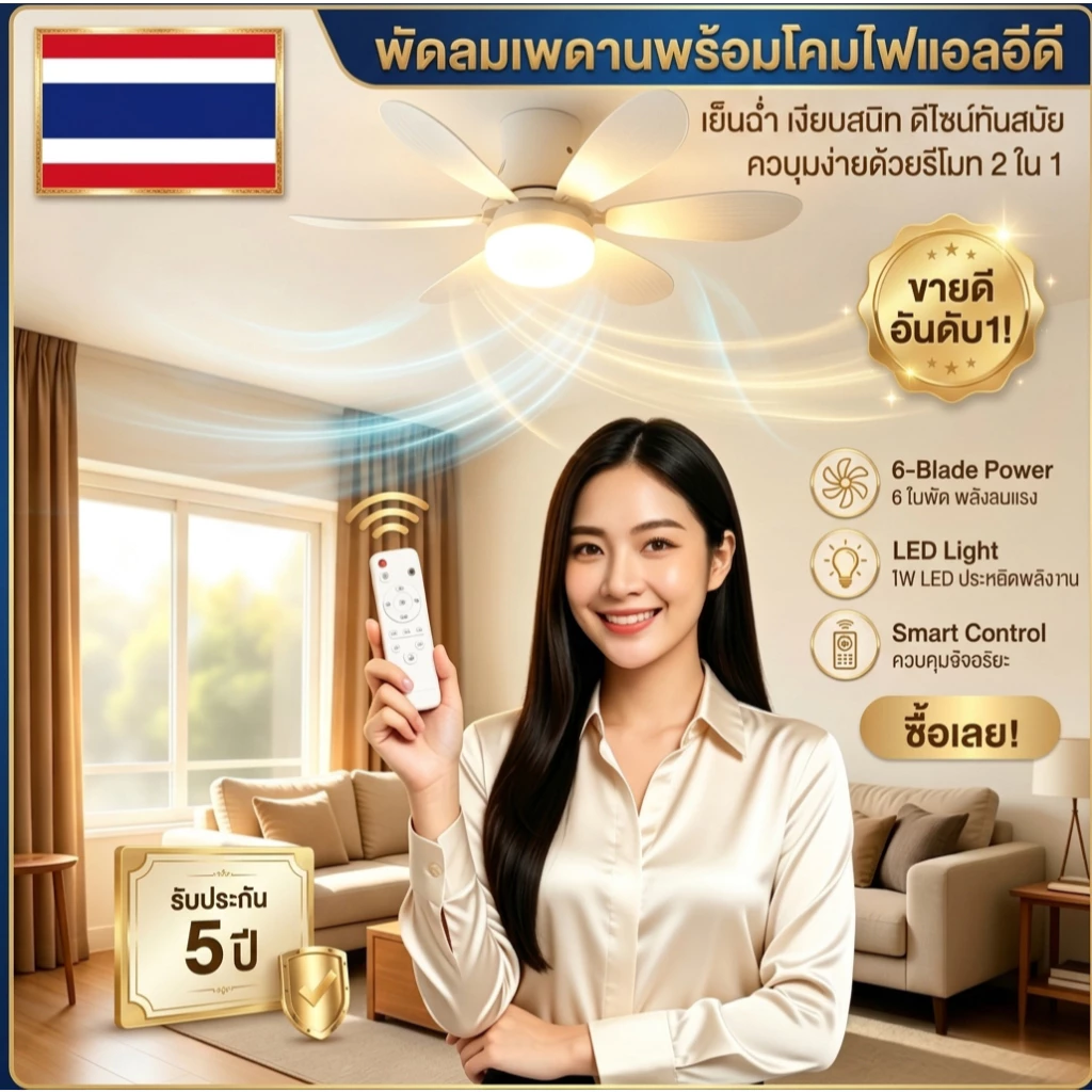 โคมไฟพัดลมเพดานขั้ว E27 – เย็นเร็วทันใจ ควบคุมอัจฉริยะผ่านรีโมท ตั้งเวลาปิดอัตโนมัติ