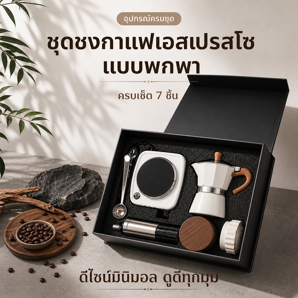 ชุดของขวัญเครื่องชงกาแฟ Moka Pot ครบชุด พร้อมเตาไฟฟ้า เครื่องบดกาแฟ ชุดกาแฟ Camping