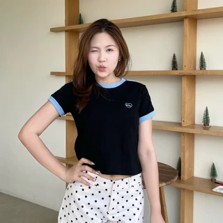 Heart Baby Tee Top เสื้อเบบี้ทรีคอกลมแต่งขอบ ผ้าหนาทรงสวยยับยาก