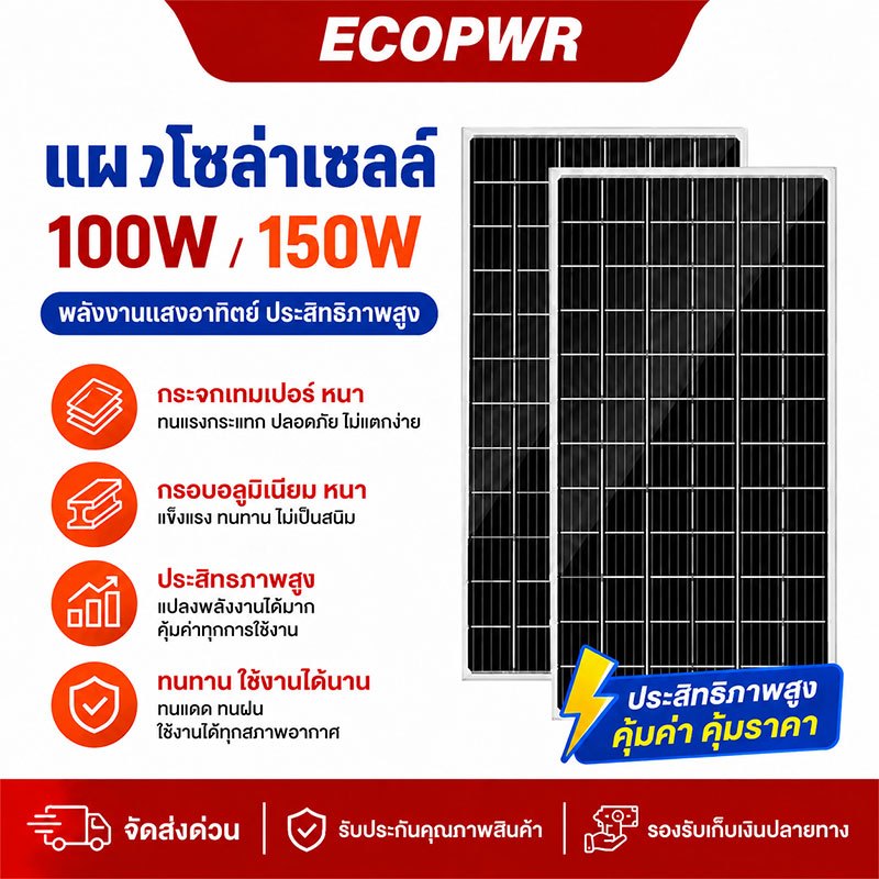 แผงโซล่าเซลล์ กันกระแทก 100W/150W แผงโซลาร์ประสิทธิภาพสูง มีตัวเลือกชุดพร้อมคอนโทรลเลอร์ 30A กันน้ำทนแดด สำหรับบ้านกลางแ