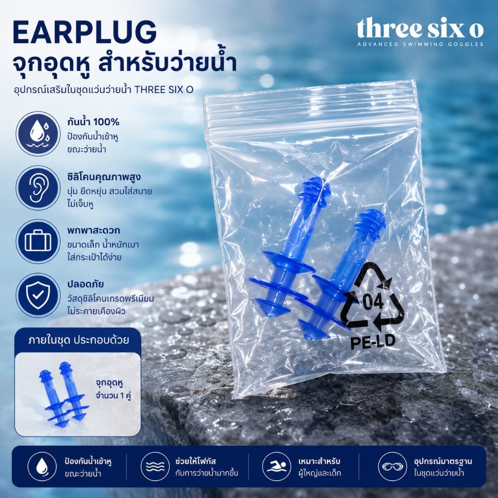 ThreeSixO360 เเว่นว่ายน้ำ สำหรับผู้ใหญ่ สวมใส่สบาย สายซิลิโคนปรับได้ พร้อมกล่องใส่และจุกอุดหู — صورة 6