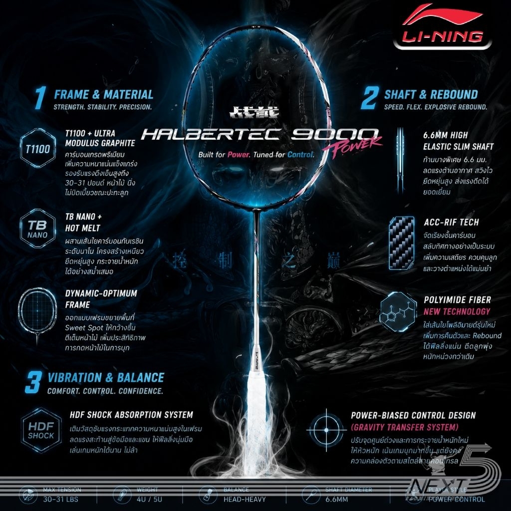 Li-ning ไม้แบดมินตัน รุ่น Halbertec 9000 power ประกันไทย แถม เอ็น กริป ซอง