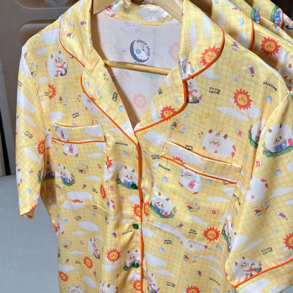 Cotton Silk Pajama Set — Yellow 💛(Short Sleeve & Shorts)🐑✨