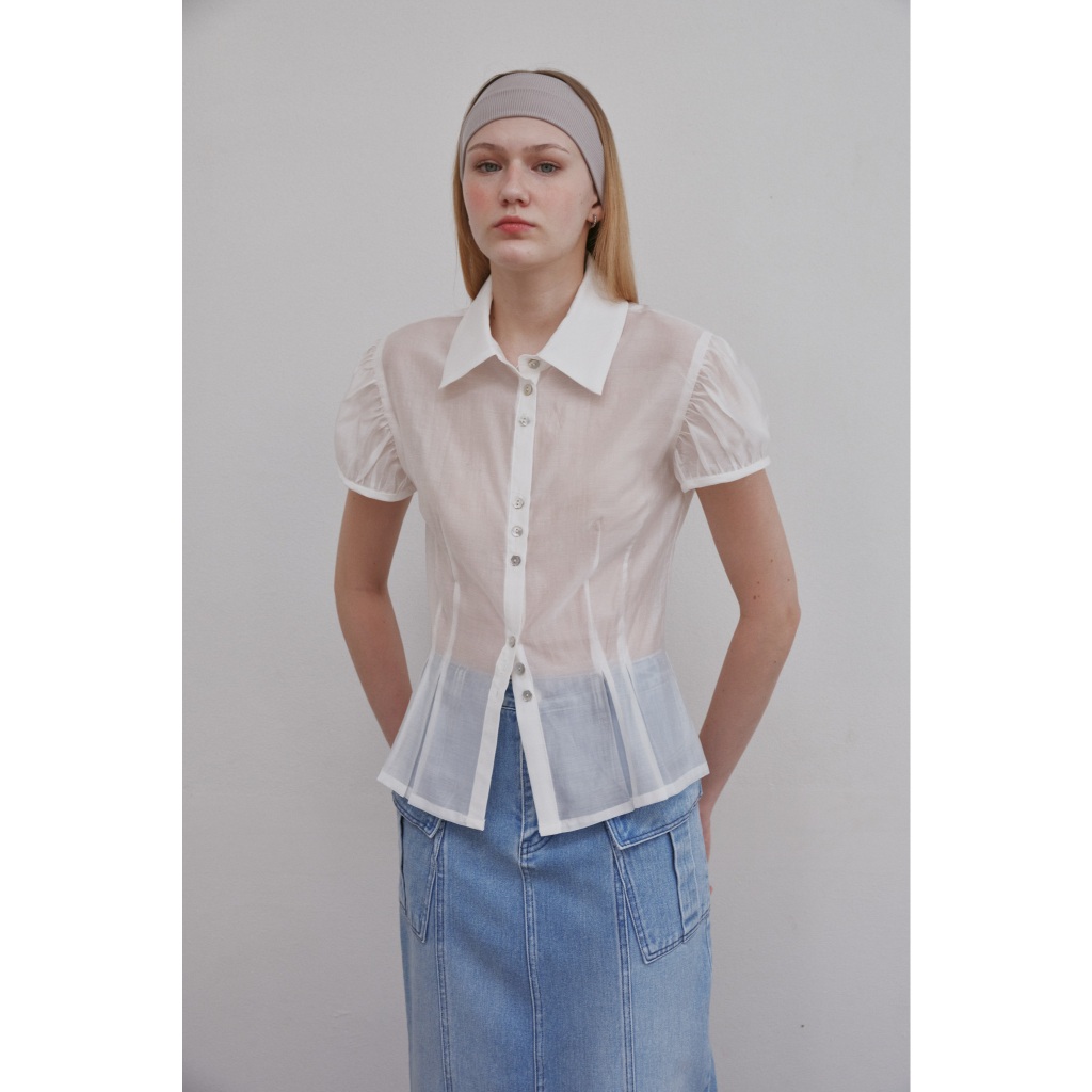 Dear Darling | Diana Transparent Shirt เสื้อเชิ้ตแขนพัฟ ผ้าซีทรู ทรงเข้ารูป จีบเอว กระดุมลาย