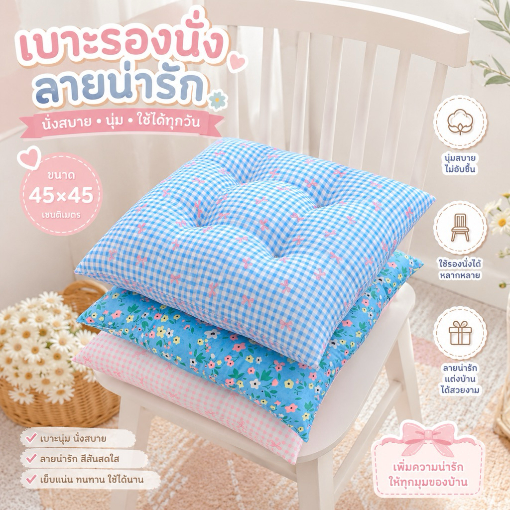 เบาะรองนั่งลายน่ารัก ขนาด 45x45 ซม เบาะนั่งนุ่ม ของชำร่วย ของรับไหว้ งานแต่ง พร้อมส่ง