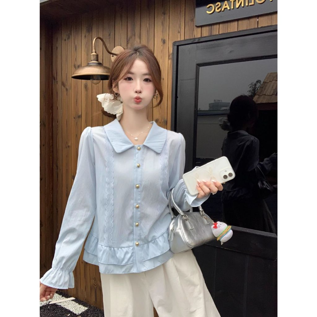🎀Mona🎀ลูกไม้ คอกลม เวอร์ชั่นเกาหลี แขนยาว เสื้อเชิ้ต
