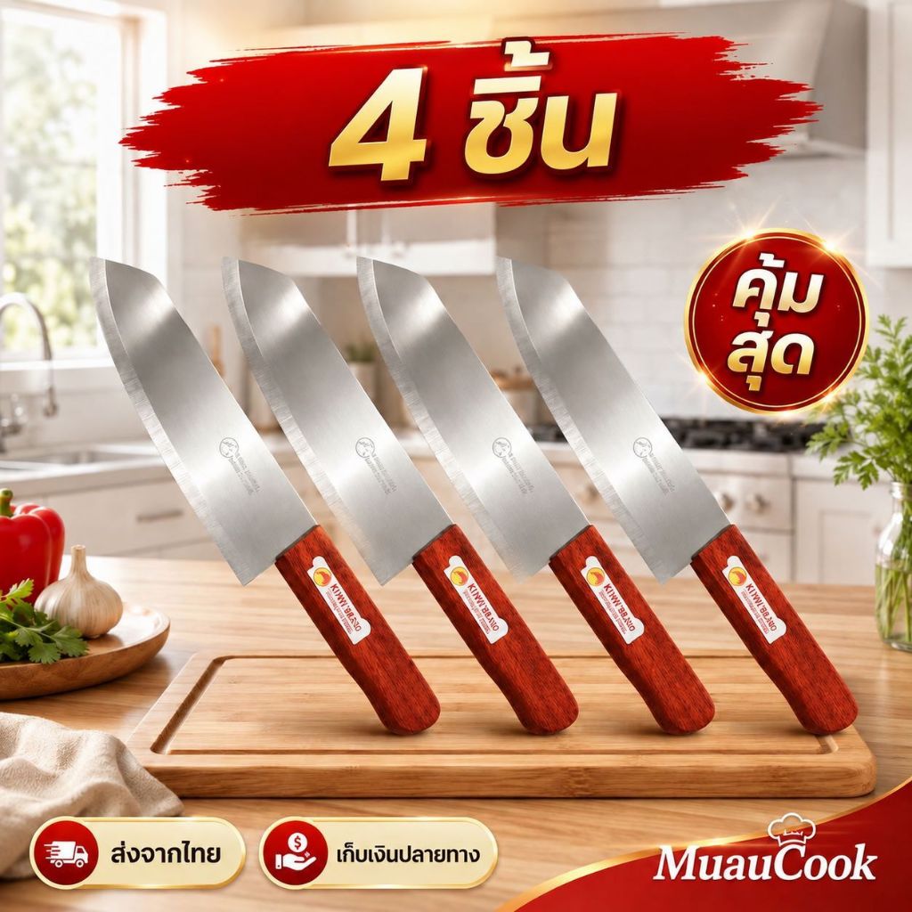 มีดทำครัวด้ามไม้ ใบมีดสแตนเลส บางเบาคม ซื้อ 2 แถม 2 หั่นผัก ผลไม้ เนื้อสัตว์ จับถนัดมือ พร้อมส่ง