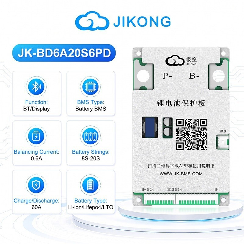 JiKong บอร์ด BMS แบตเตอรี่ลิเธียม สมาร์ทบลูทูธ 6A แอคทีฟบาลานซ์ รองรับ 8S-20S เซ็นเซอร์อุณหภูมิ 6 จุด (6PD) LiFePO4