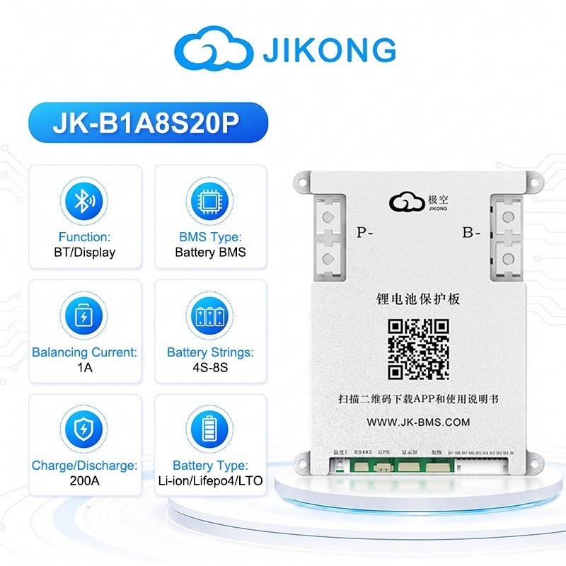 JiKong แผงวงจร BMS แบตเตอรี่ LiFePO4 3-8S 200A พร้อมระบบ Active Balance 1A รองรับ Bluetooth และ RS485