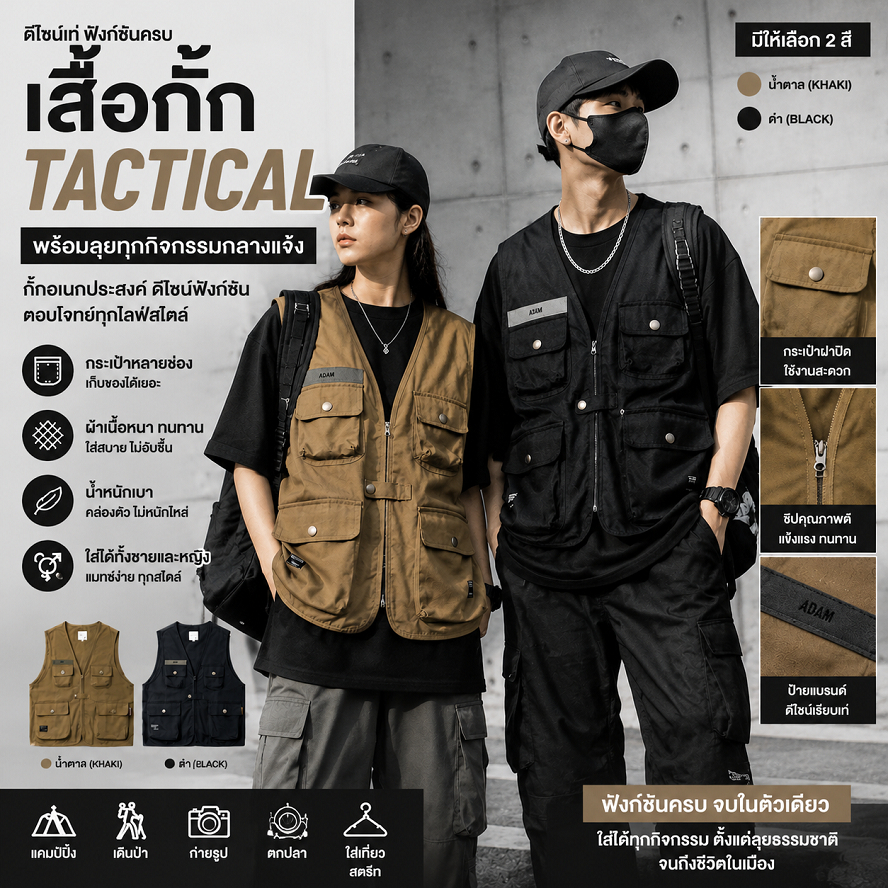 【COD】เสื้อกั๊ก Tactical Unisex กระเป๋าอเนกประสงค์หลายช่อง สไตล์ Street Fashion สำหรับผู้ชายและผู้หญิง