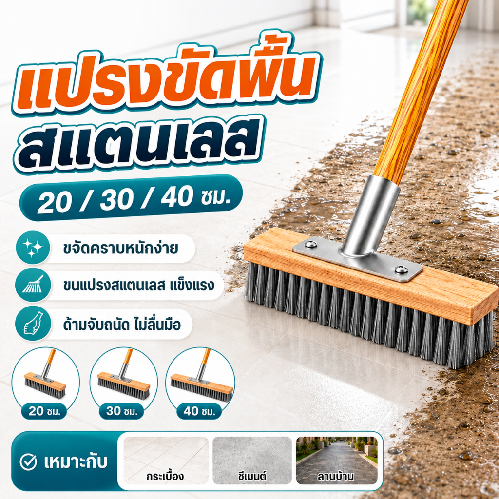 แปรงลวดสแตนเลสขัดพื้น ด้ามยาว 115 ซม. หัวแปรง 20/30/40 ซม. แปรงขัดพื้น กำจัดมอส ตะไคร่น้ำ คราบสกปรก คราบปูน สำหรับพื้นบ้