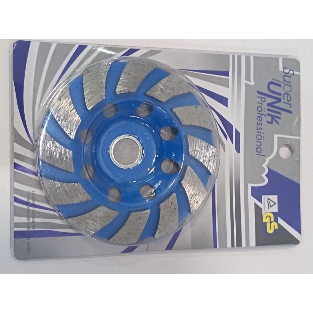 ถ้วยขัดพื้นเพชร หรือ ใบขัดปูน (Diamond Grinding Cup Wheel) ยี่ห้อ Super Unik Pröfessional สีน้ำเงิน ขนาดประมาณ 4 นิ้ว