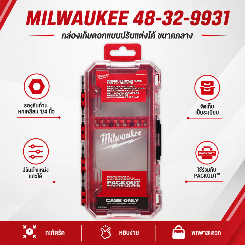 ส่งจากไทย Milwaukee 48-32-9931 กล่องเก็บดอกแบบปรับแต่งได้ ขนาดกลาง สำหรับอุปกรณ์ Impact Driver รองรับก้านหกเหลี่ยม 1/4"