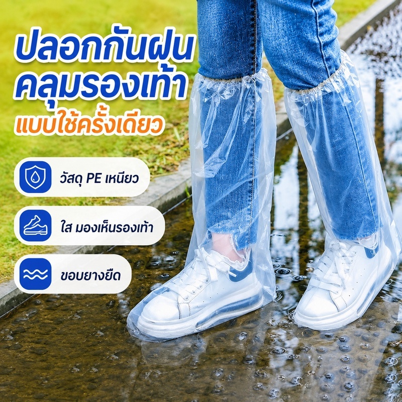 ถุงคลุมรองเท้ากันฝน PE พลาสติกใส ทรงสูง แบบใช้แล้วทิ้ง กันน้ำ กันโคลน กันเปื้อน กันฝุ่น ขอบยางยืด พกพา เดินทาง กลางแจ้ง