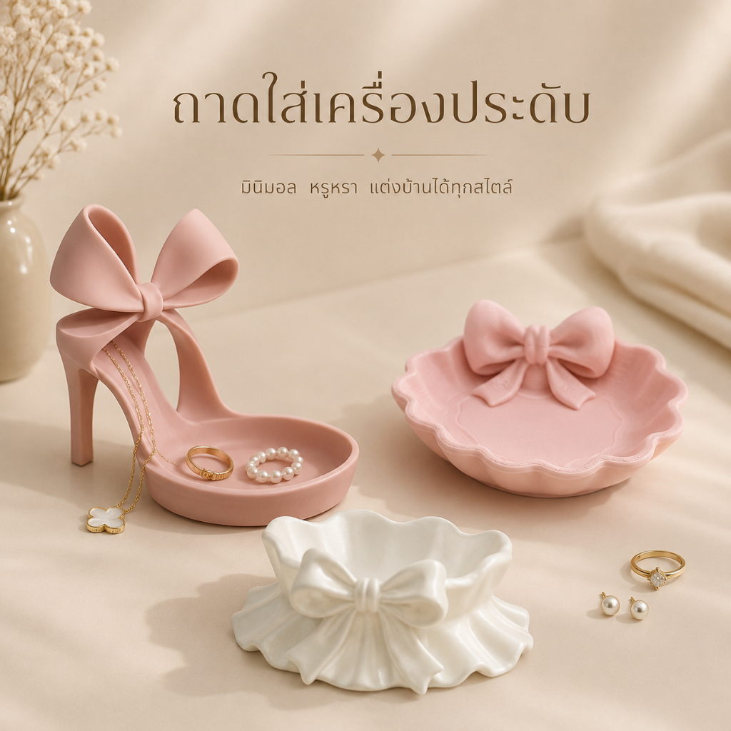 ถาดใส่เครื่องประดับ ที่วางเครื่องประดับรองเท้าส้นสูงโบว์ + ถาดเครื่องประดับรูปแมว + ถาดหัวใจโบว์ + ถาดโบว์ระบาย จานวางแห