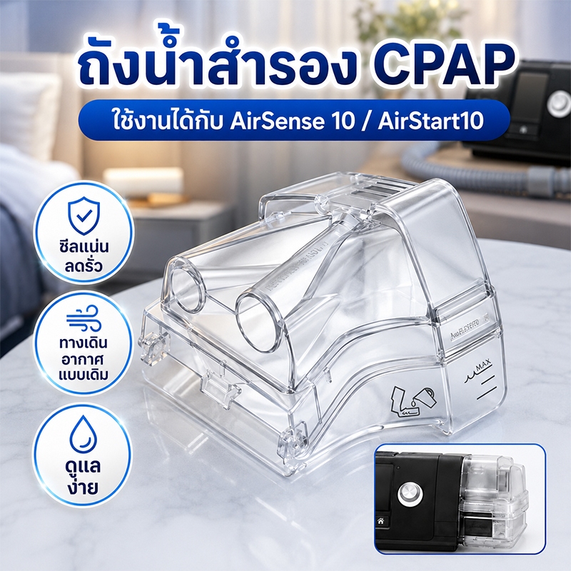 กล่องใส่น้ำCPAP ถอดล้างง่าย ใช้งานสะดวก วัสดุแข็งแรง ทนทานต่อการใช้งาน อะไหล่ถังน้ำทดแทน สำหรับAirSense10/AirStart10