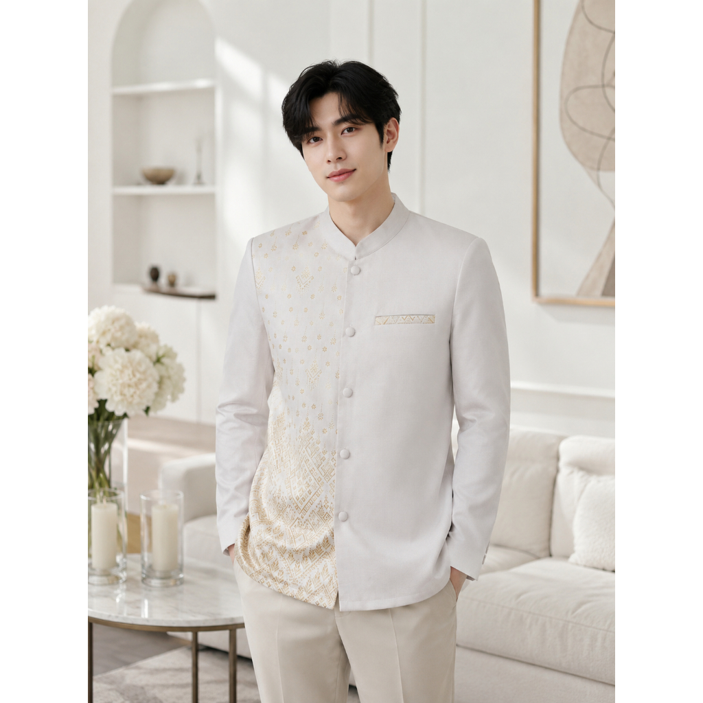 TS029 เสื้อเชิ้ตผู้ชาย แขนยาว คอจีน กระดุมหน้า กระเป๋าใช้งานได้จริง อัดกาวทั้งชุด (S-5XL)