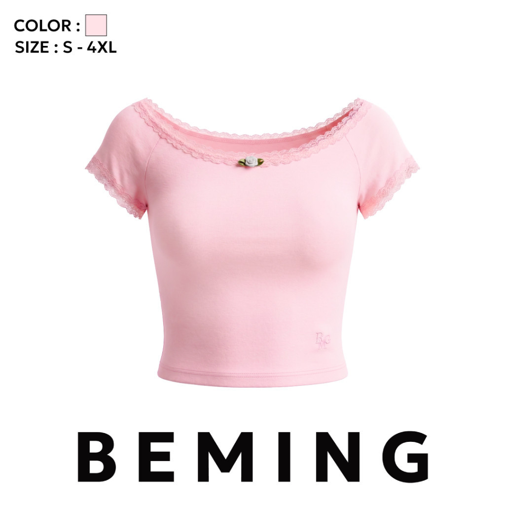 Bemingtop1263(S-4XL) - Trim Tee – เสื้อปาดไหล่แขนสั้นดีเทลแต่งลูกไม้และดอกกุหลาบที่อก รูปที่ 8