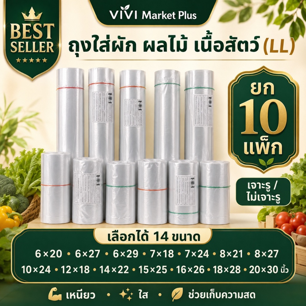 (10 แพ็ค)ถุงใส่ผัก ผลไม้ เนื้อสัตว์ (LL) 500g และ 1000g ถุง LLDPE ถุงเจาะรู ถุงไม่เจาะรู ถุงแช่เย็น ถุงแช่แข็ง