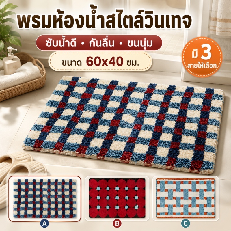 🏠ส่งไว พรมเช็ดเท้าห้องน้ำ 40x60 ซม. ขนนุ่มพิเศษ กันลื่น ซับน้ำดี แต่งบ้านสไตล์มินิมอล หลายสี