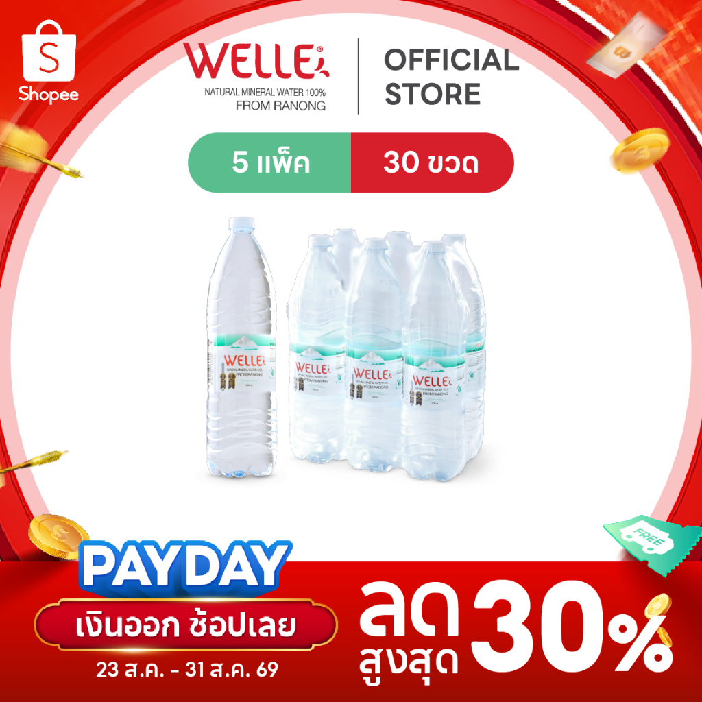 [ส่งฟรี] (30 ขวด) Welle Mineral Water น้ำแร่เวลล์เล่ 1500 มิลลิลิตร 5 แพค จากแหล่งน้ำแร่ระนอง