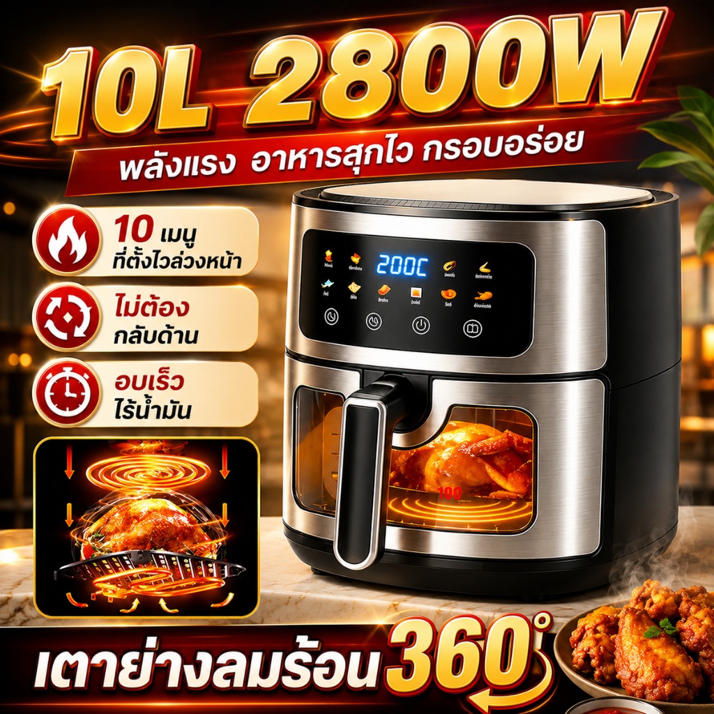 ความจุขนาดใหญ่ หม้อทอด 10 ลิตร สัมผัสใน 10เมนูที่ตั้งไว้ล่วงหน้า หม้อทอดไร้น้ำมัน หม้ออบลมร้อน หม้อทอดอากาศ Air Fryer
