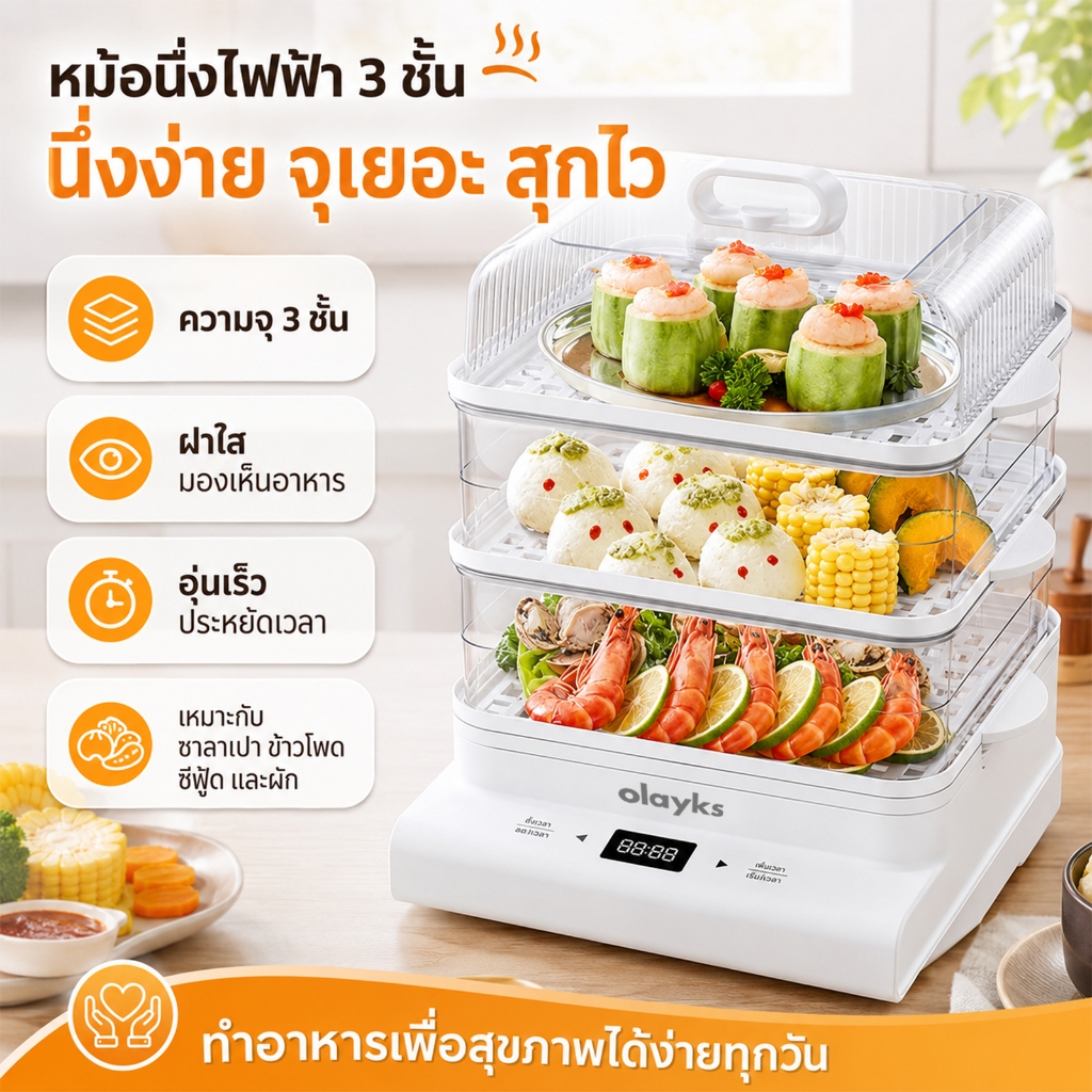 เครื่องนึ่งไฟฟ้า หม้อนึ่ง 24Lความจุใหญ่ 1300W ตั้งล่วงหน้า 24 ชั่วโมง 3ชั้น ต้ม นึ่ง ตุ๋น 3in1